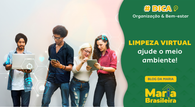 Turma de amigos reunidos e conectados com seus gadgets e head "limpeza virtual"